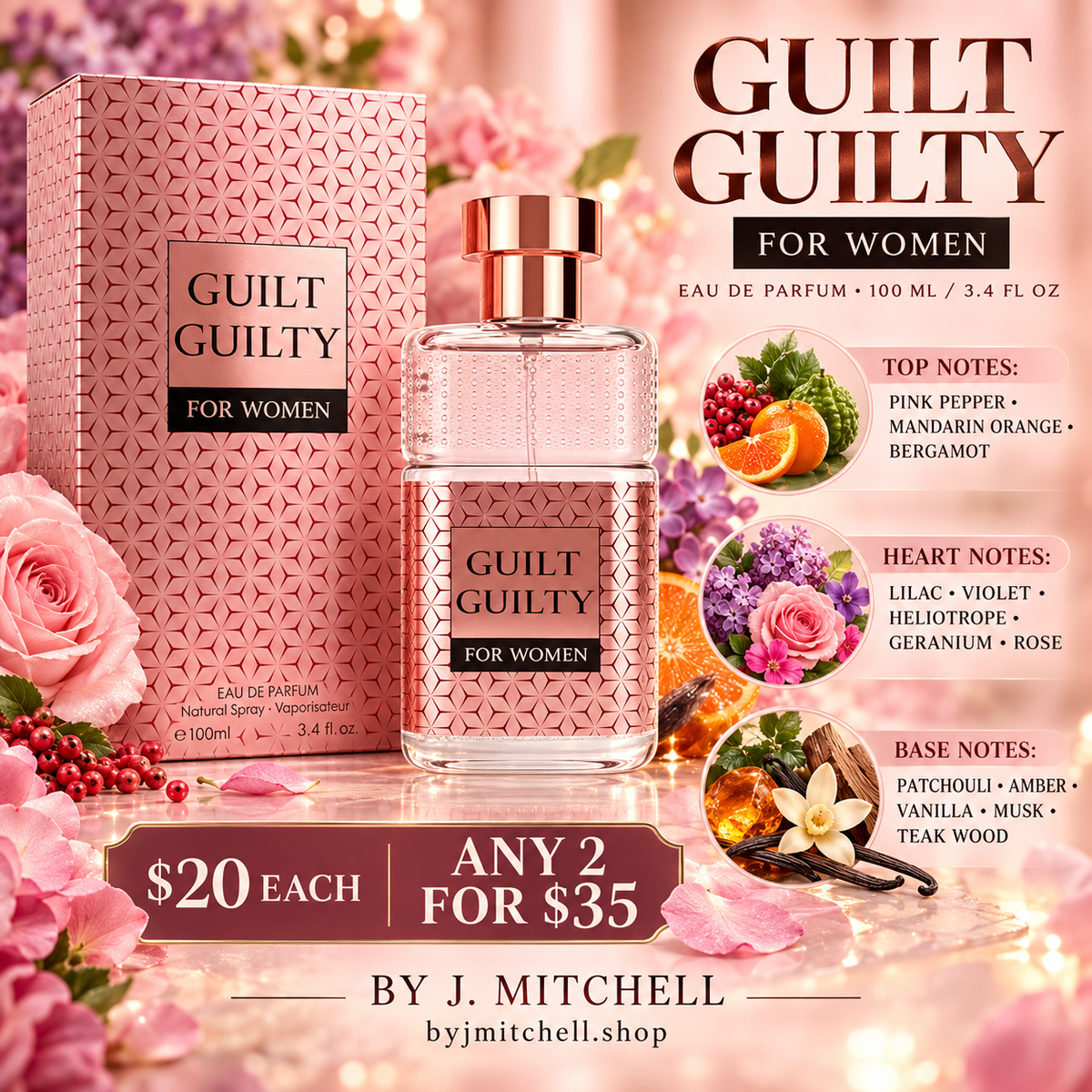 Guilt Guilty For Women Eau de Parfum promotional image with fragrance notes