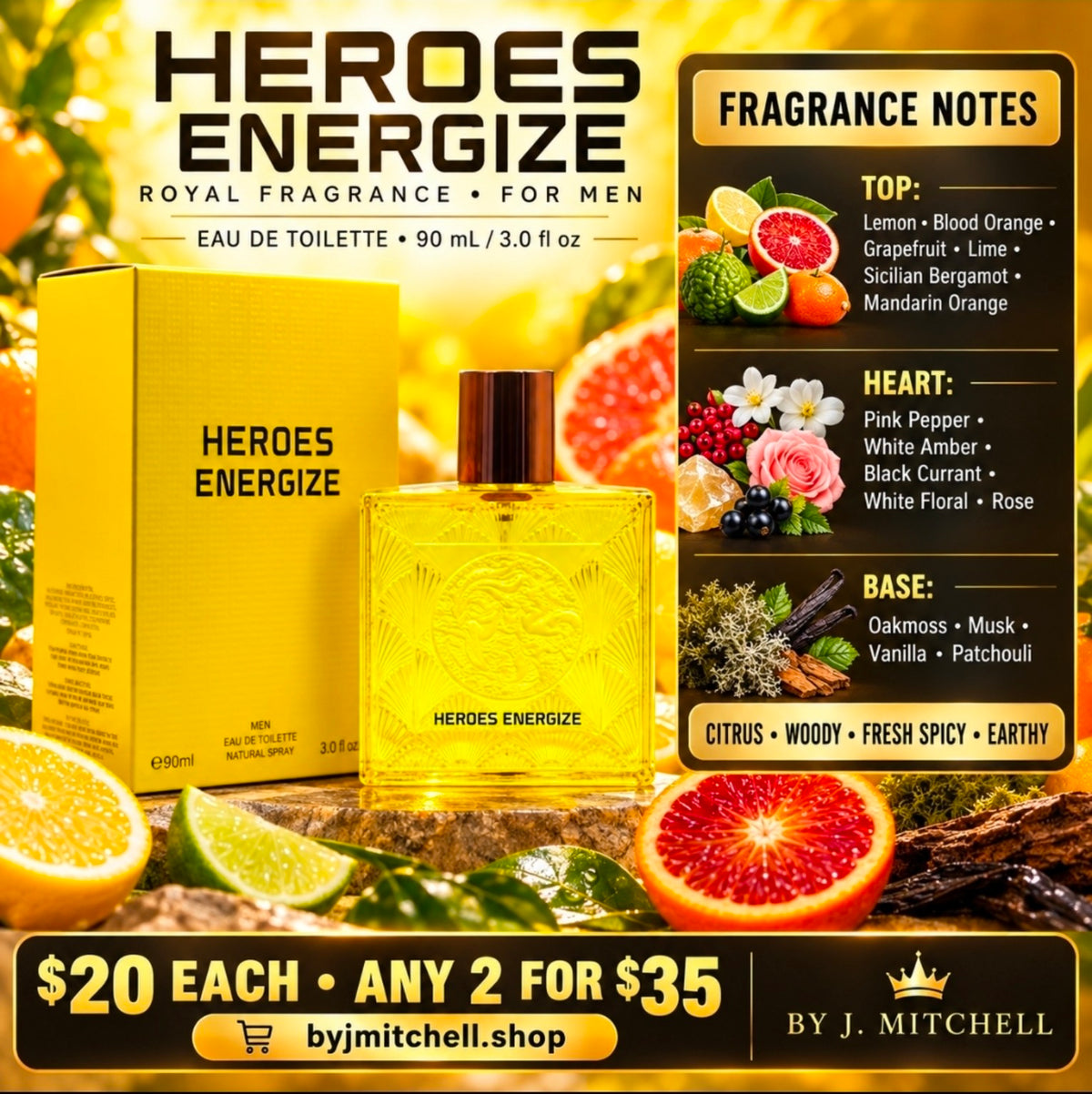 Heroes Energize Eau de Toilette for Men with fragrance notes