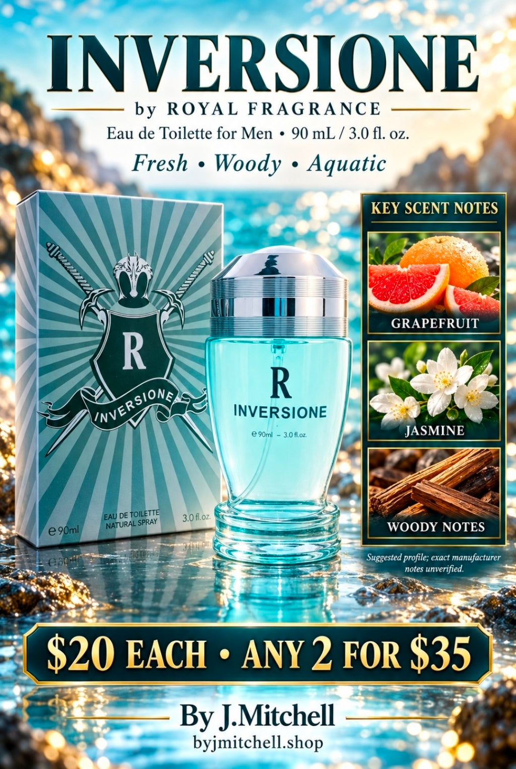 Inversione Royal Fragrance Eau de Toilette for Men 90mL with suggested key scent notes and By J.Mitchell offer
