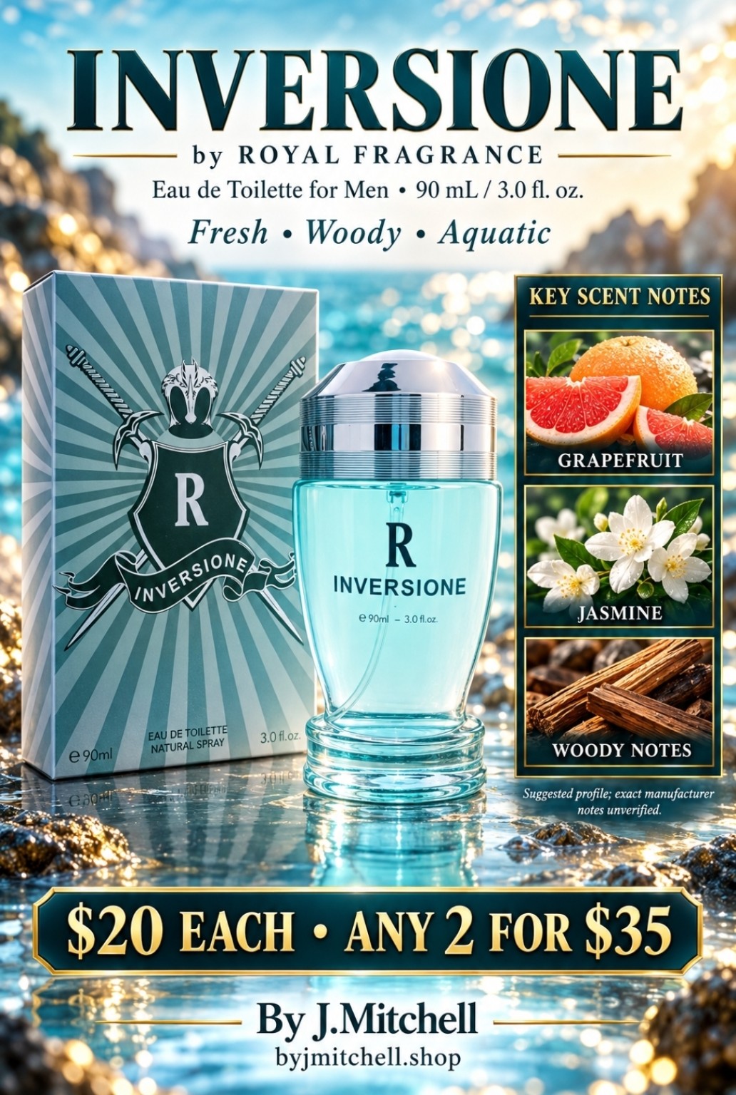Inversione Royal Fragrance Eau de Toilette for Men 90mL with suggested key scent notes and By J.Mitchell offer