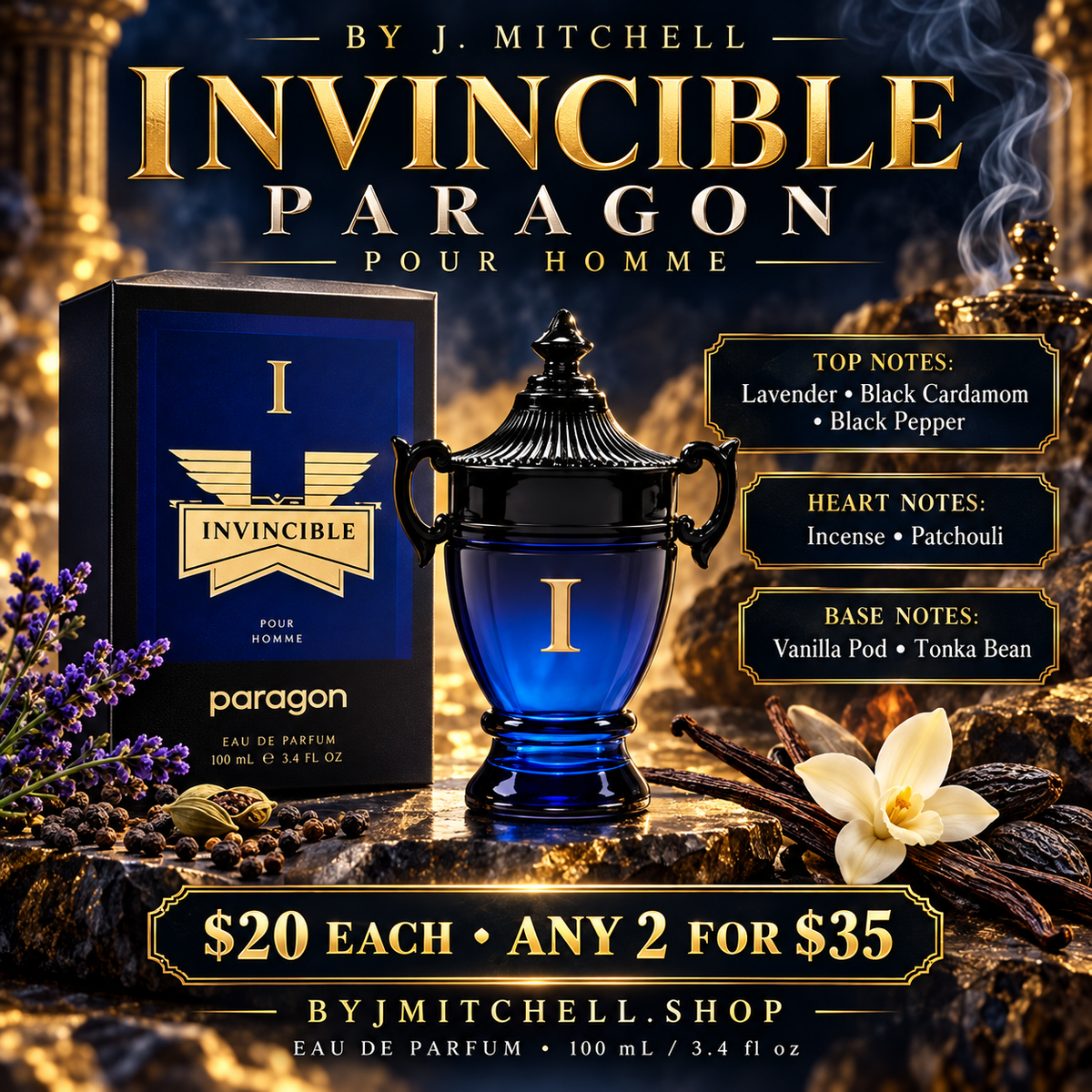 Invincible Paragon Pour Homme by J. Mitchell, with fragrance notes and $20 each or any 2 for $35