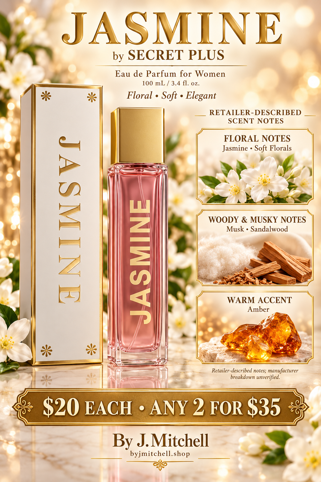 Jasmine by Secret Plus 100mL with retailer-described jasmine, soft florals, musk, sandalwood and amber notes