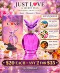 Just Love by Secret Plus fragrance ad with scent notes, $20 each or any 2 for $35, By J.Mitchell and byjmitchell.shop