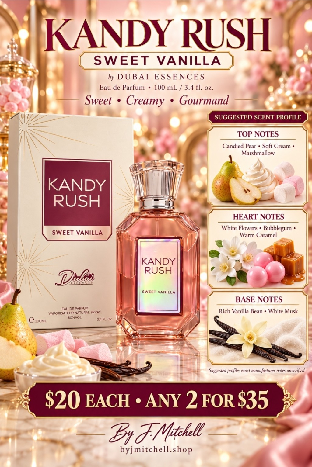 Kandy Rush Sweet Vanilla fragrance with suggested notes and By J.Mitchell pricing