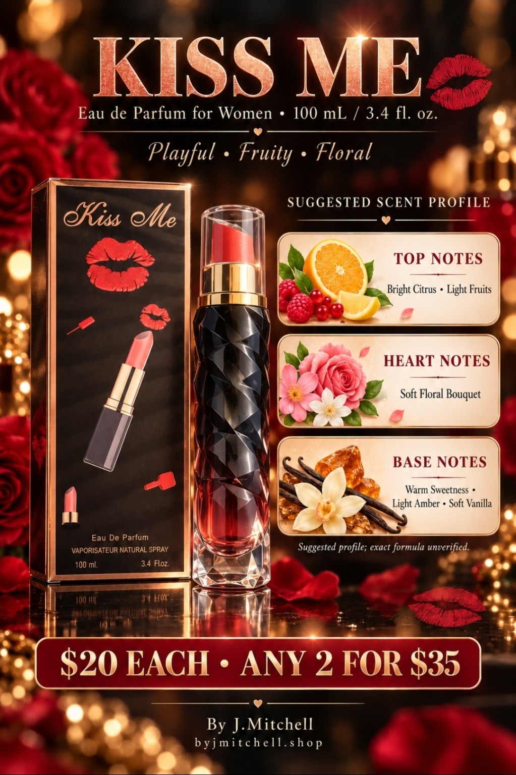 Kiss Me 100mL lipstick-shaped perfume with suggested notes and By J.Mitchell pricing
