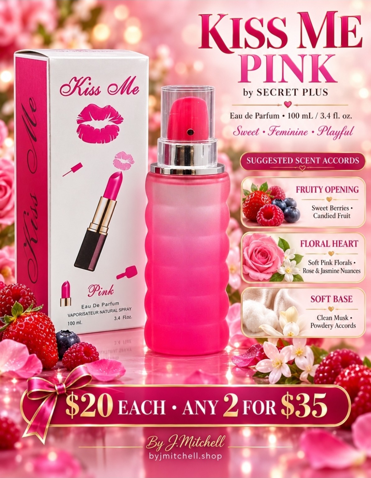 Kiss Me Pink by Secret Plus, suggested scent accords, $20 each or any 2 for $35, By J.Mitchell