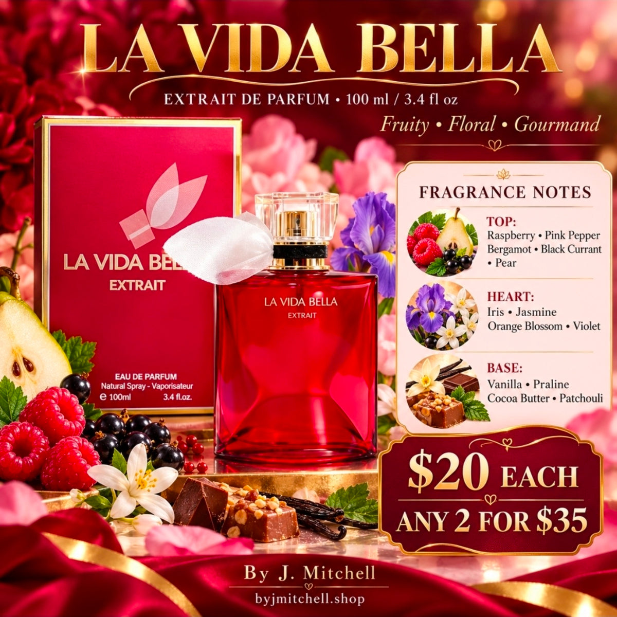 La Vida Bella Extrait de Parfum with fragrance notes and $20 / 2 for $35 offer