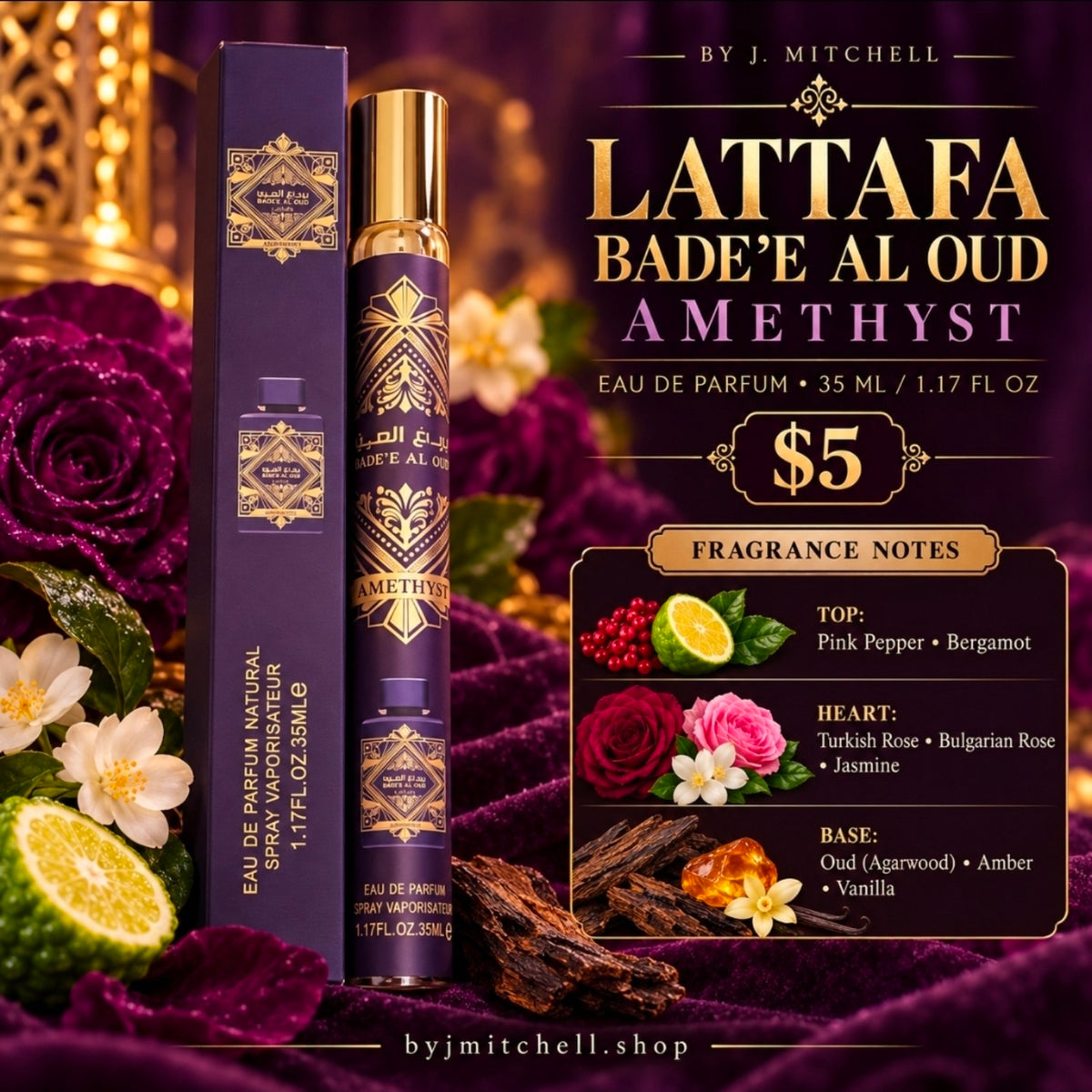 Lattafa Bade'e Al Oud Amethyst 35 ml travel spray graphic with fragrance notes and $5 price