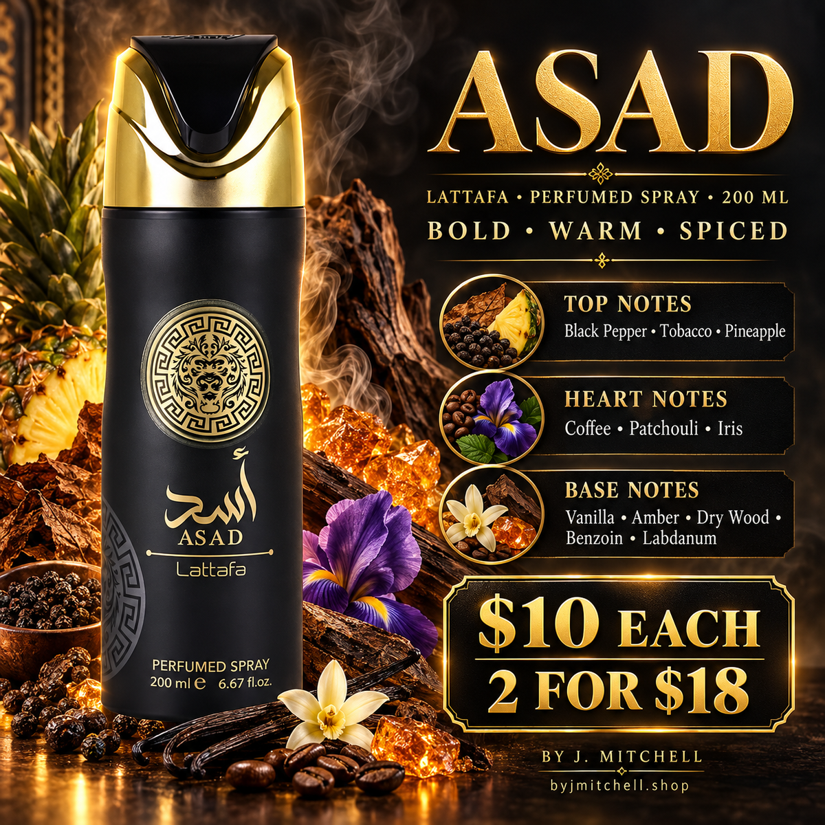 Lattafa Asad 200 ml perfumed spray, fragrance notes and $10 each or 2 for $18 offer