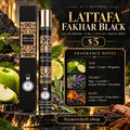 Lattafa Fakhar Black 35 ml travel spray promo image with fragrance notes and $5 price