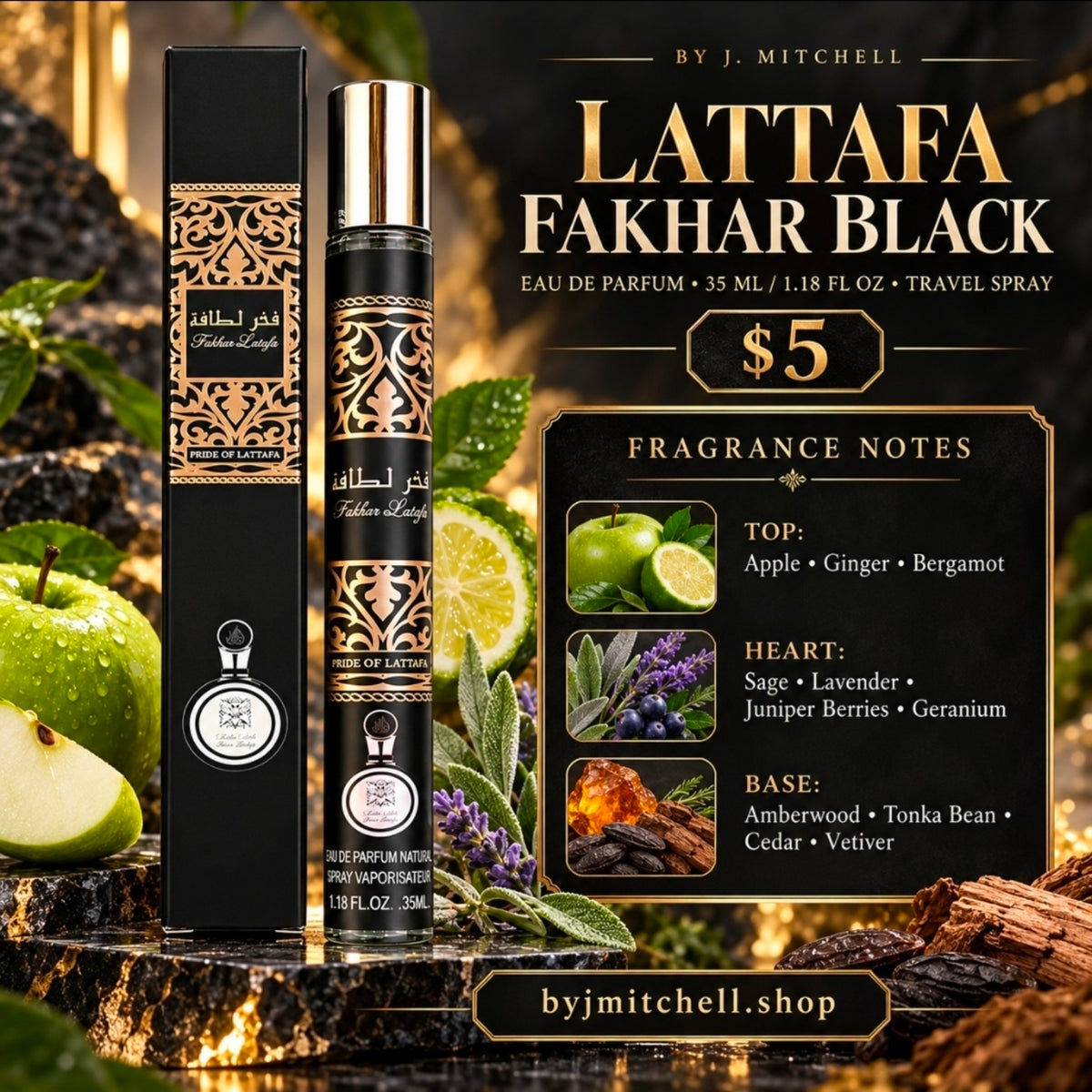 Lattafa Fakhar Black 35 ml travel spray promo image with fragrance notes and $5 price