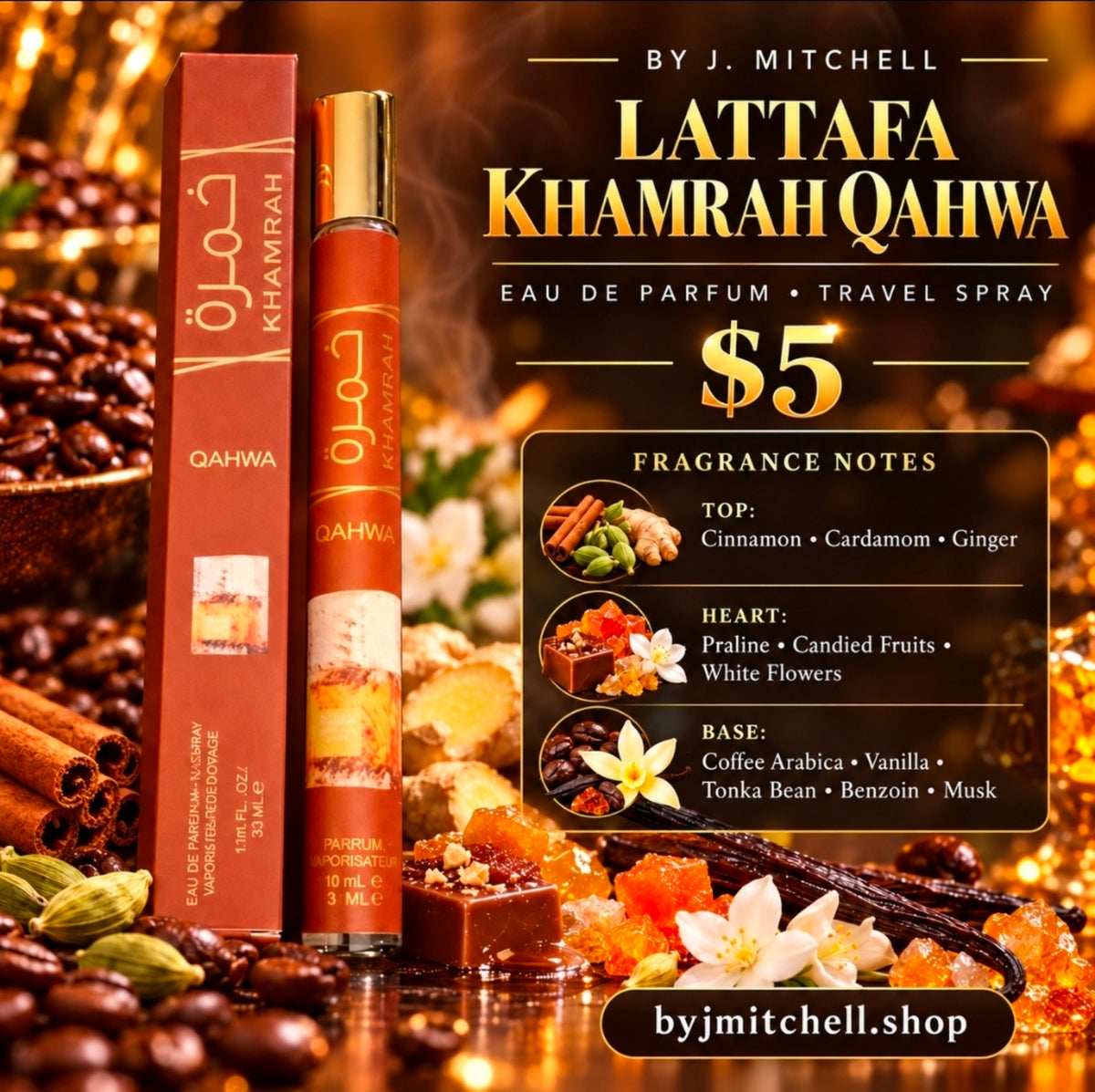 Lattafa Khamrah Qahwa travel spray and fragrance notes, $5, By J. Mitchell