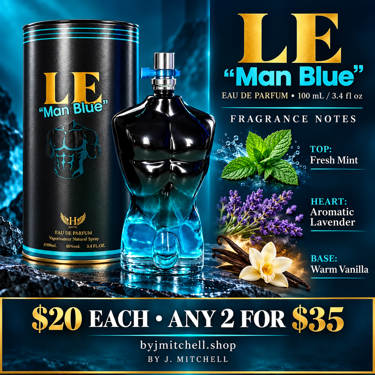 Le Man Blue Eau de Parfum notes and By J. Mitchell offer