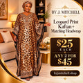 Leopard print kaftan with matching headwrap, $25 each or any two for $45