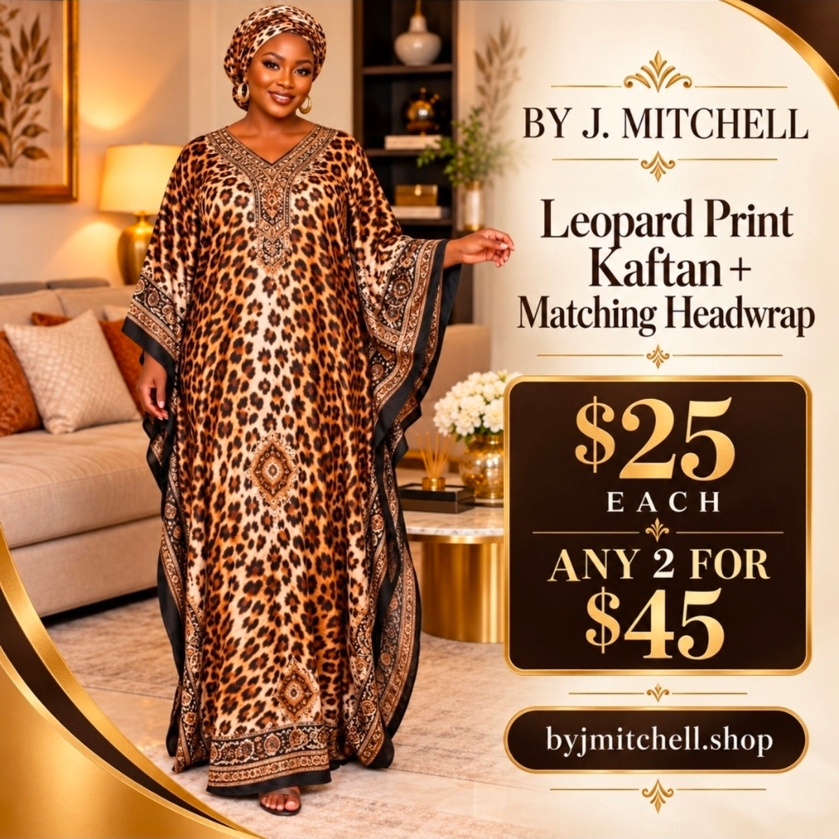 Leopard print kaftan with matching headwrap, $25 each or any two for $45