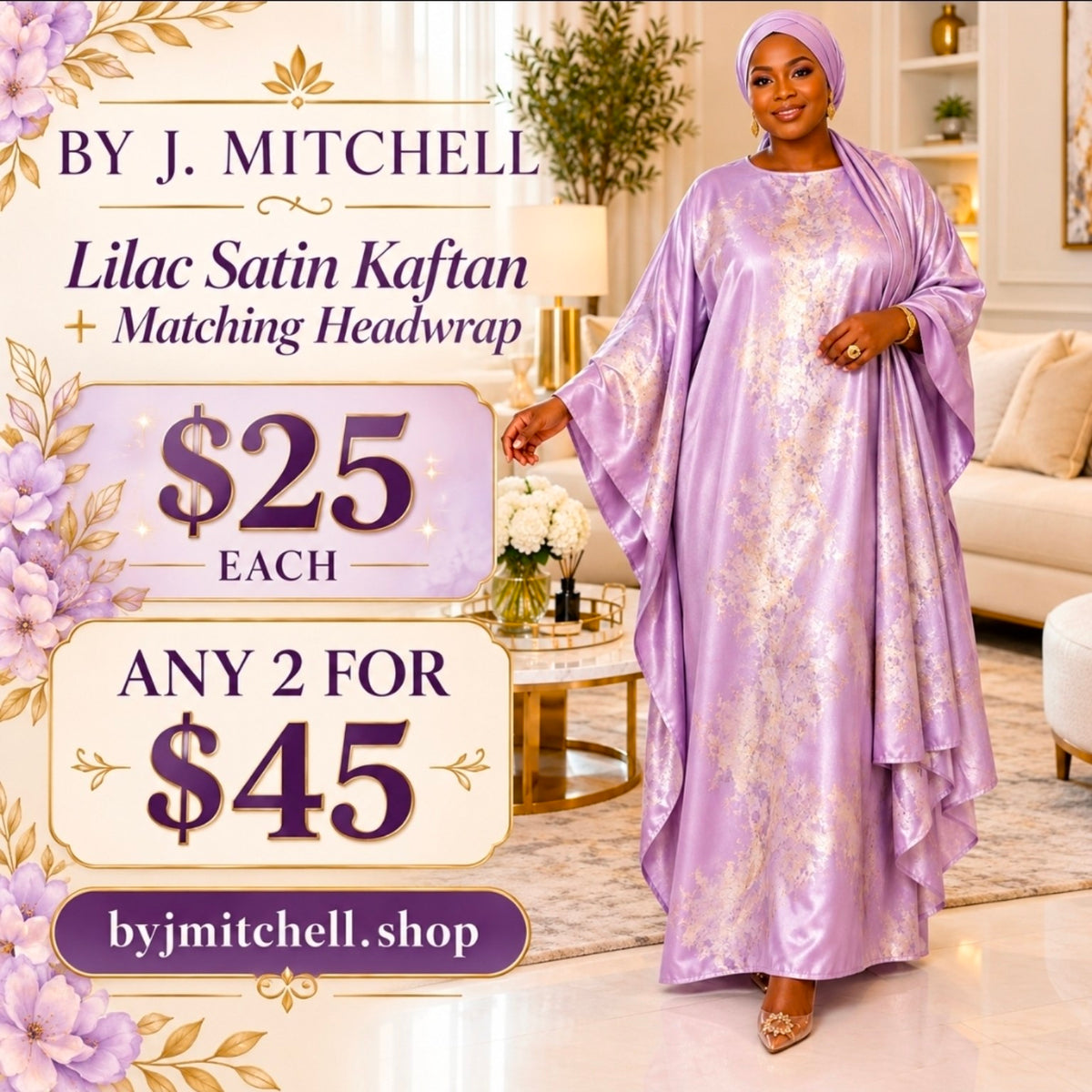 Lilac satin kaftan with matching headwrap, $25 each or any two for $45