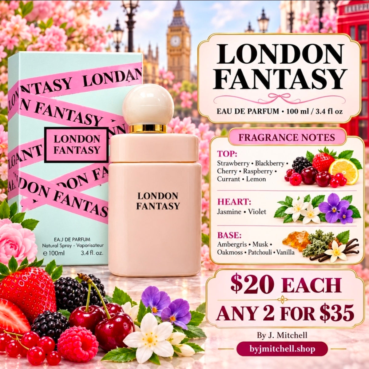 London Fantasy Eau de Parfum, 100 ml, fragrance notes and $20 each or any 2 for $35 offer