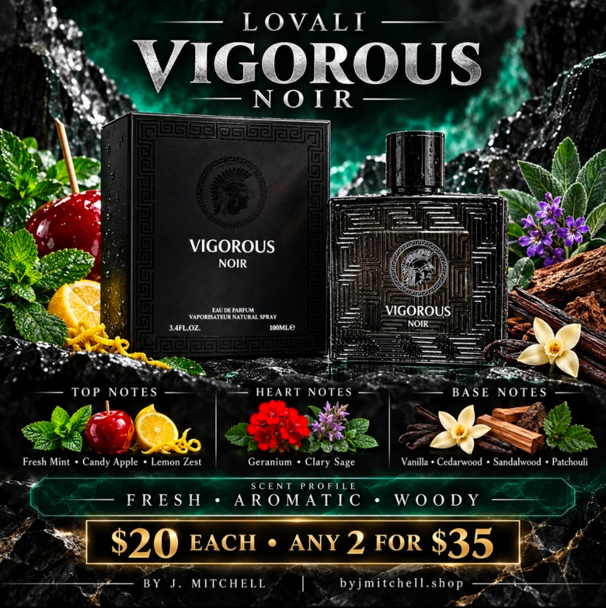 Lovali Vigorous Noir Eau de Parfum with mint, candy apple, lemon, geranium, clary sage, vanilla, cedarwood, sandalwood and patchouli notes
