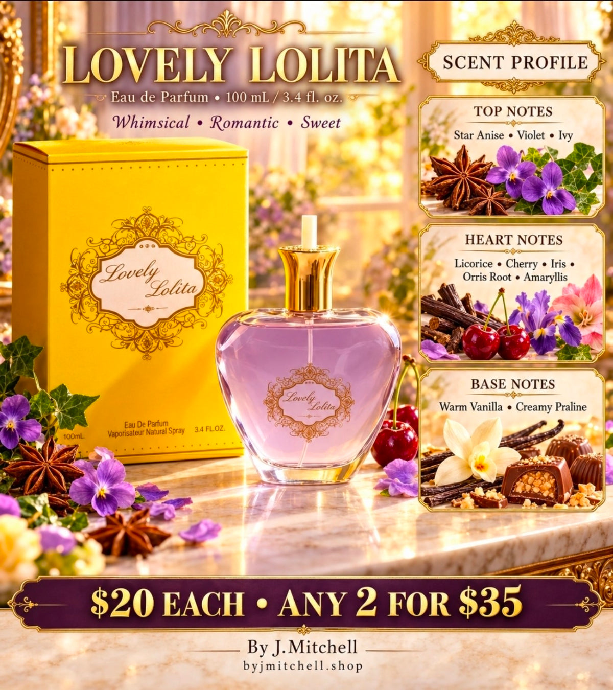 Lovely Lolita Eau de Parfum scent notes, $20 each or any 2 for $35, By J.Mitchell