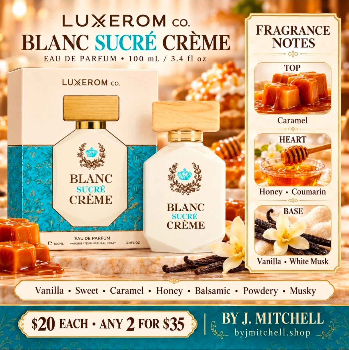 Luxerom Co. Blanc Sucré Crème EDP with fragrance notes and By J. Mitchell offer