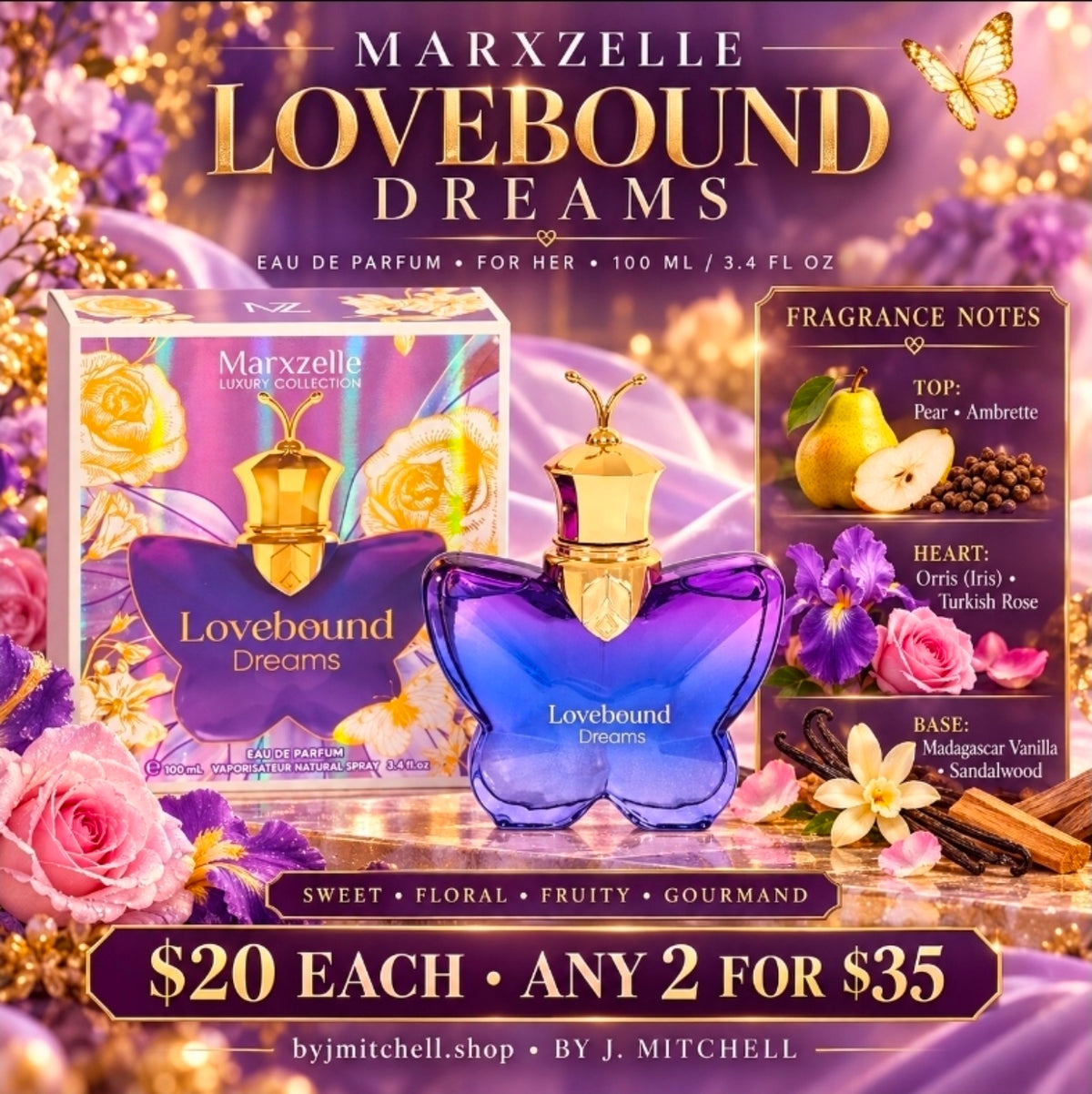 Marxzelle Lovebound Dreams fragrance notes and promotional graphic