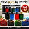 Men's four-piece travel cologne set with red, black, green, and blue Eau de Parfum bottles, scent profiles, and $15 special price