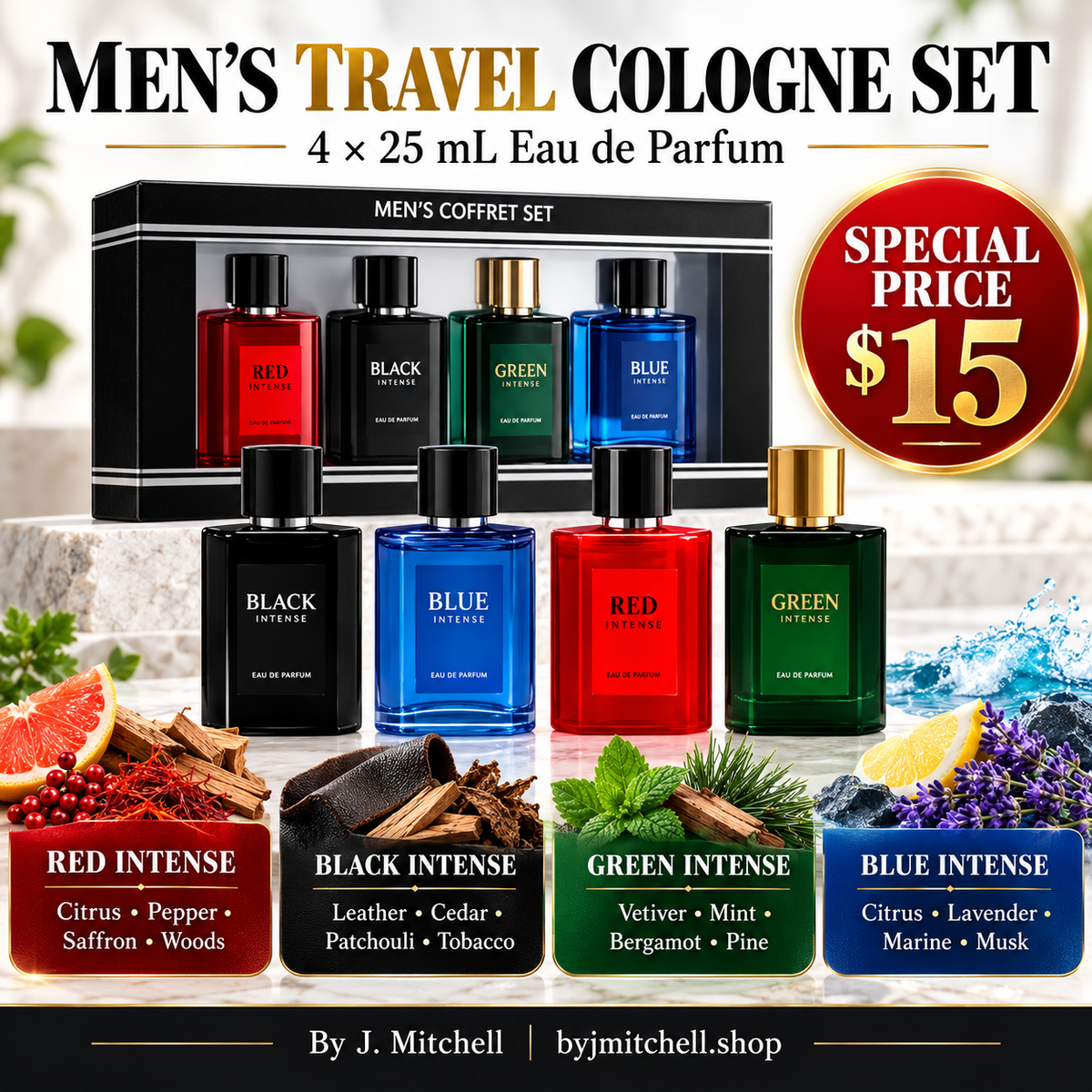 Men's four-piece travel cologne set with red, black, green, and blue Eau de Parfum bottles, scent profiles, and $15 special price