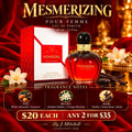 Mesmerizing Pour Femme perfume flyer with scent notes and $20 each or any 2 for $35 offer