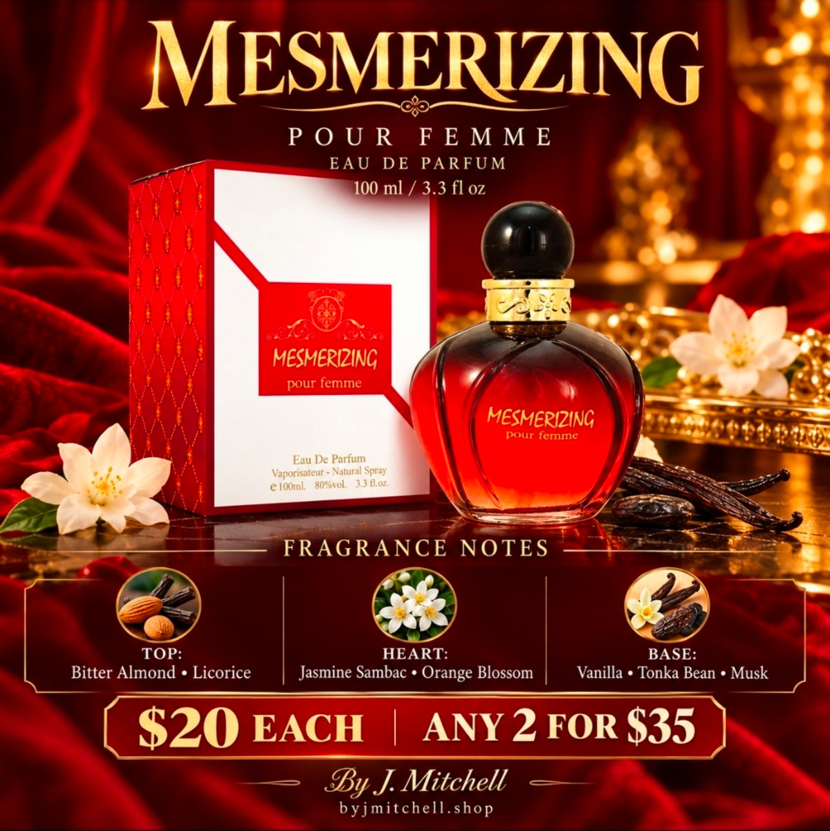Mesmerizing Pour Femme perfume flyer with scent notes and $20 each or any 2 for $35 offer