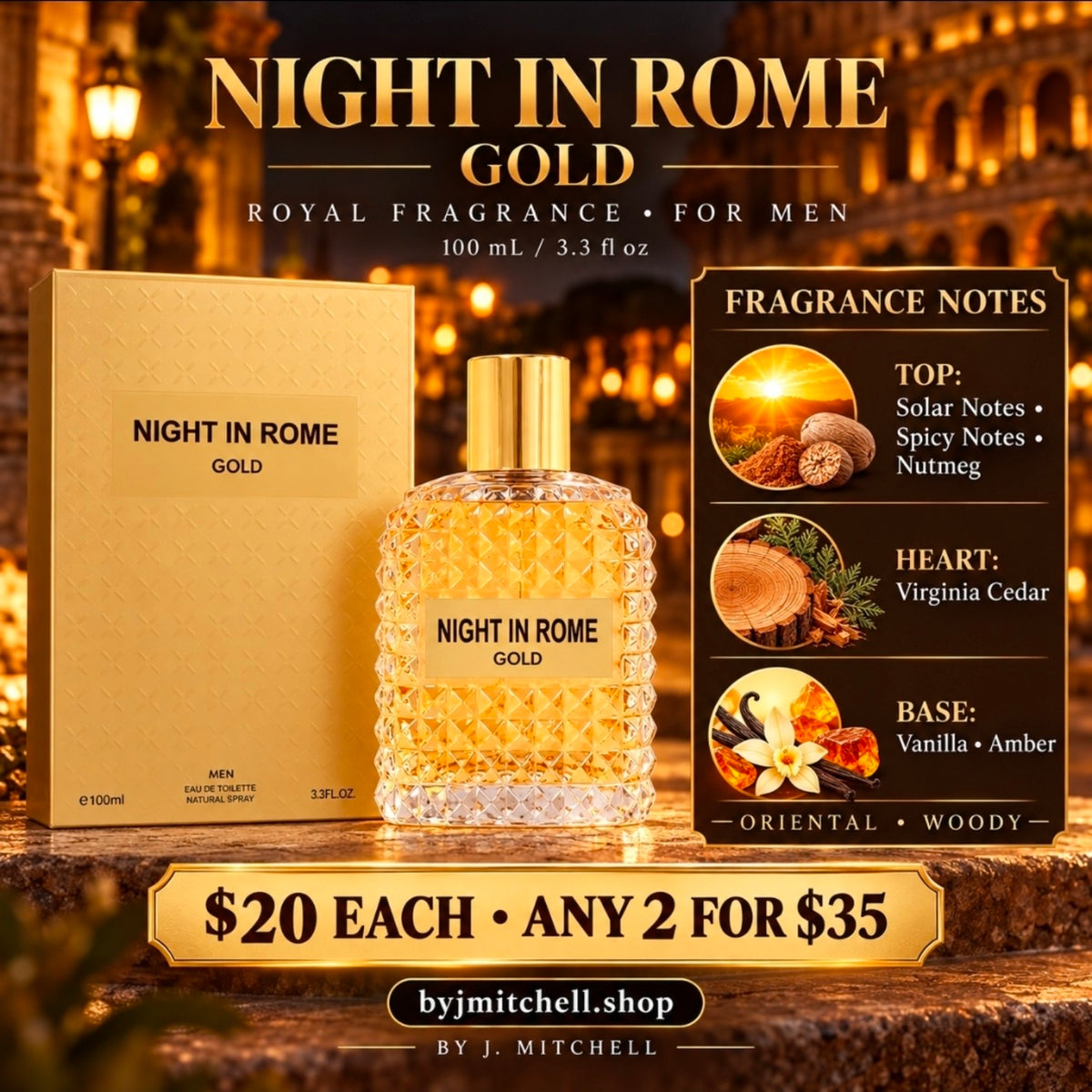 Night in Rome Gold for men fragrance notes, $20 each or any 2 for $35