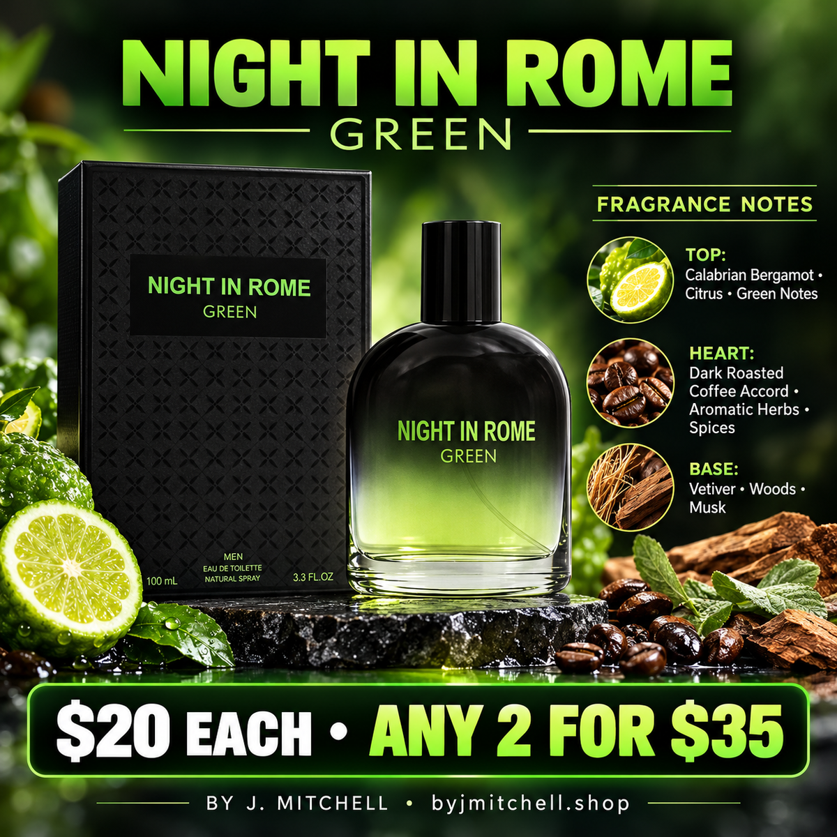 Night In Rome Green EDT with fragrance notes and By J. Mitchell branding