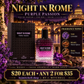 Night in Rome Purple Passion fragrance notes promotional graphic