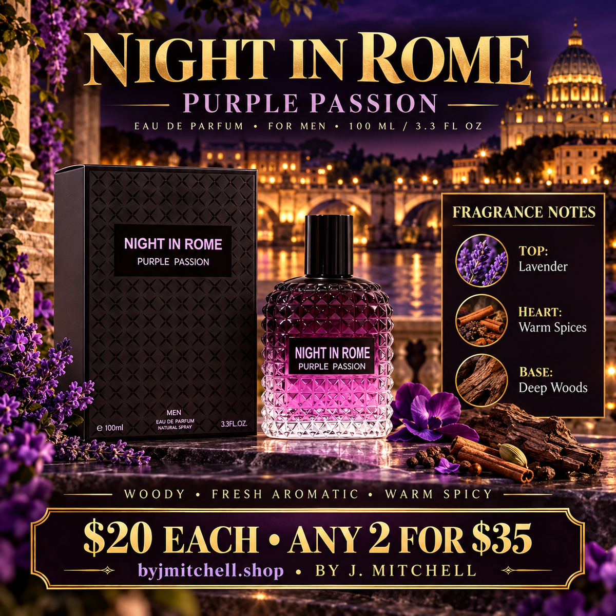 Night in Rome Purple Passion fragrance notes promotional graphic