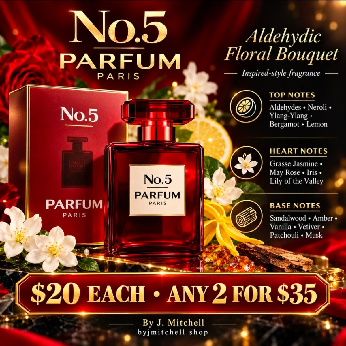 No.5 Parfum Paris inspired-style fragrance with notes, $20 each or any 2 for $35, By J. Mitchell
