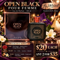 Open Black Pour Femme with fragrance notes and By J.Mitchell pricing