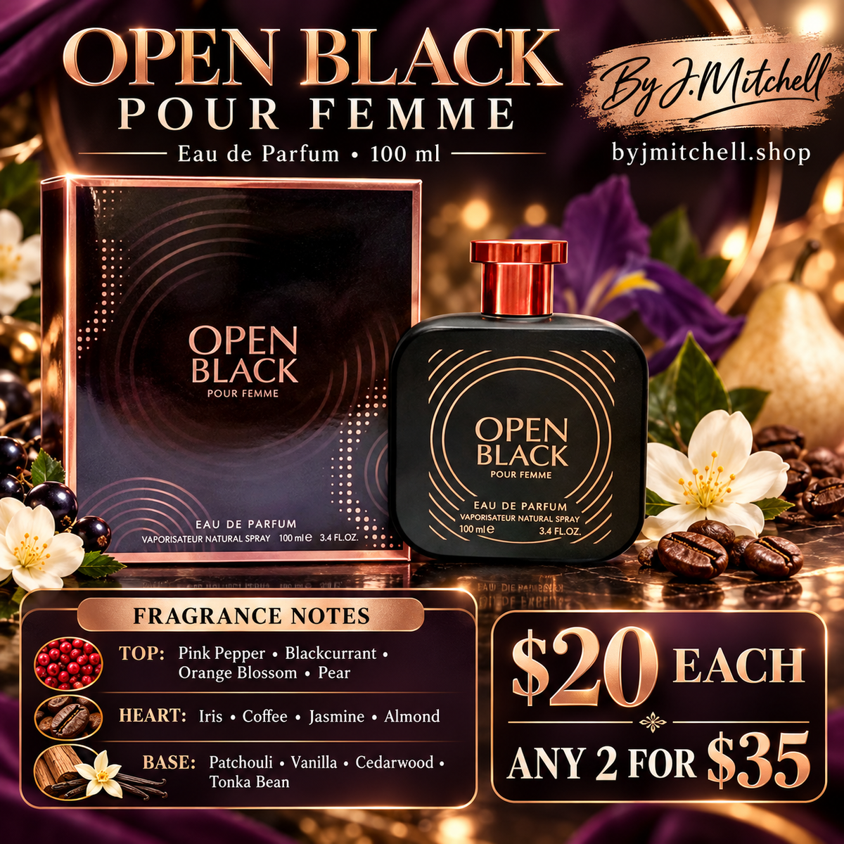 Open Black Pour Femme with fragrance notes and By J.Mitchell pricing