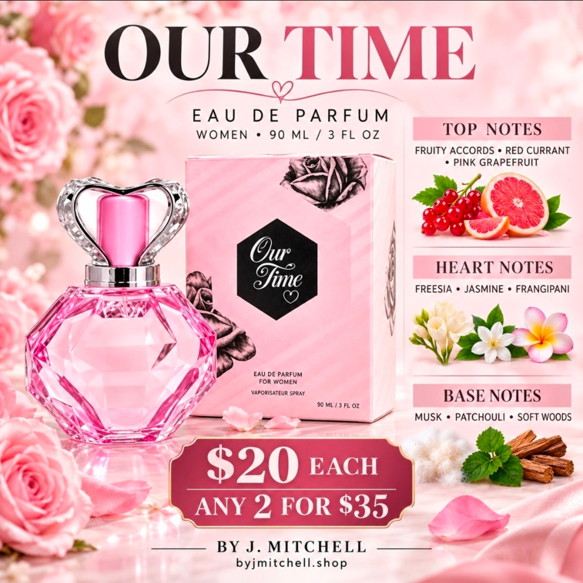 Our Time Eau de Parfum promo image with fragrance notes