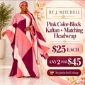 Pink, plum and ivory color-block kaftan with matching headwrap