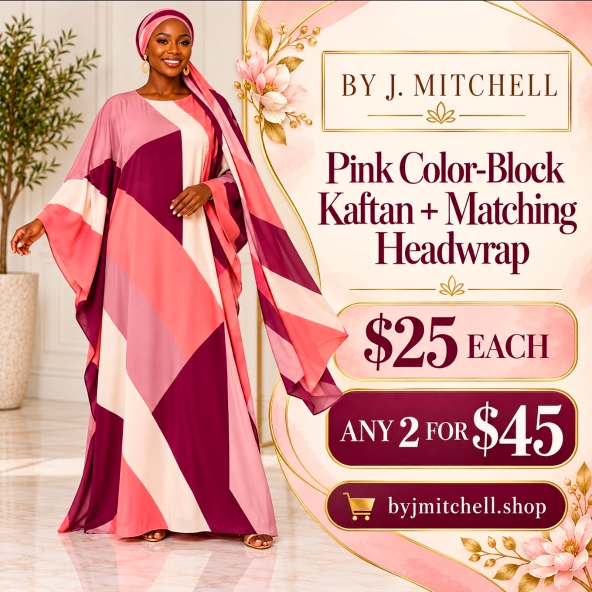 Pink, plum and ivory color-block kaftan with matching headwrap