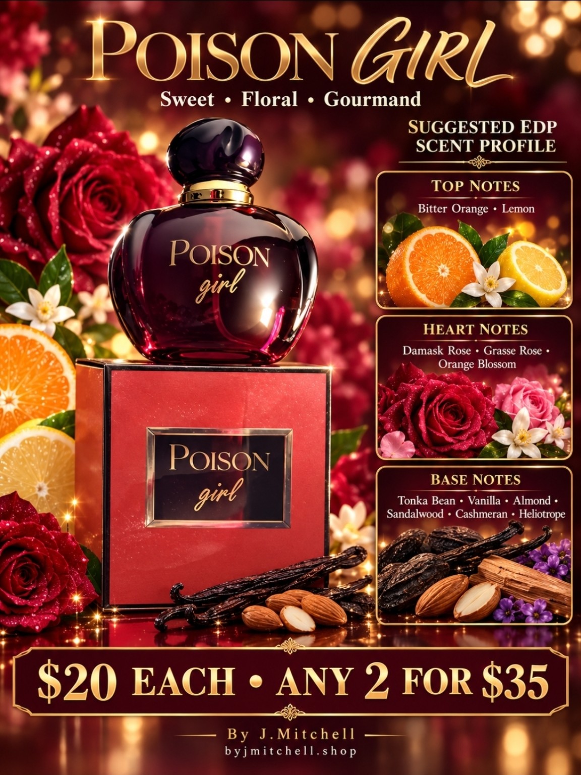 Poison Girl fragrance with suggested scent profile, $20 each or any 2 for $35, By J.Mitchell