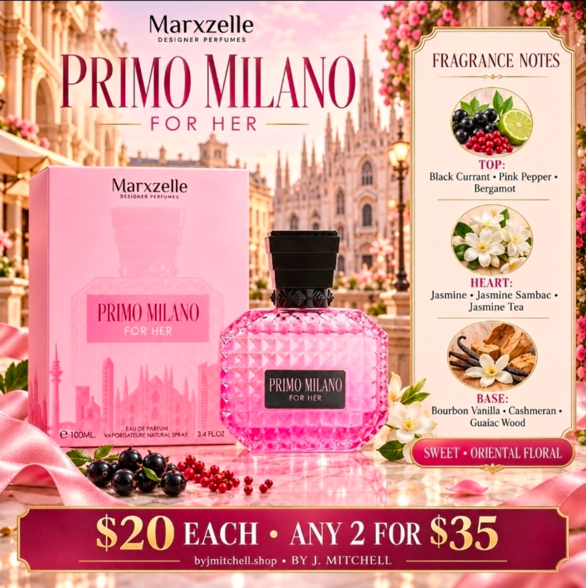 Primo Milano For Her fragrance notes and $20 promo graphic