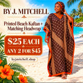 Brown printed beach kaftan with orange trim and matching headwrap; $25 each or any two for $45