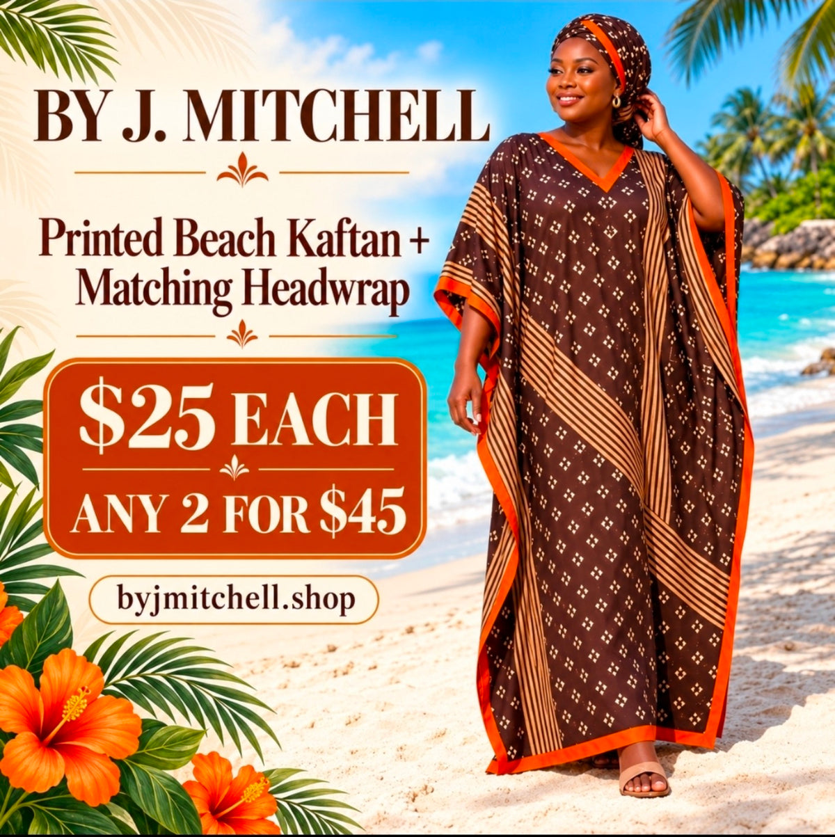Brown printed beach kaftan with orange trim and matching headwrap; $25 each or any two for $45