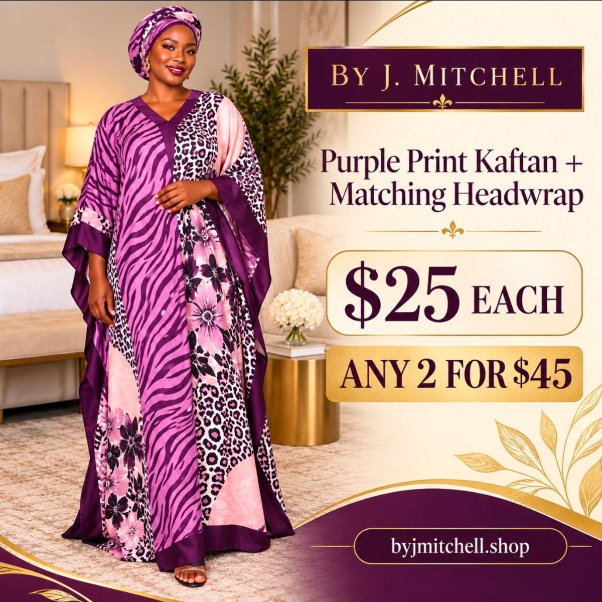Purple mixed-print kaftan with matching headwrap, $25 each or any two for $45