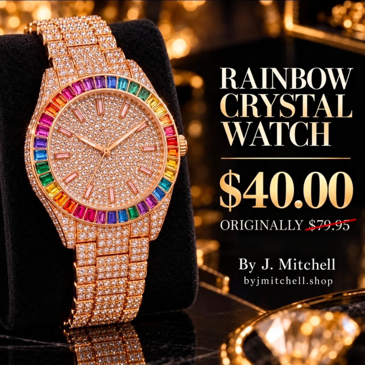 Rose gold-tone watch with rainbow crystal bezel and crystal-covered bracelet, sale $40
