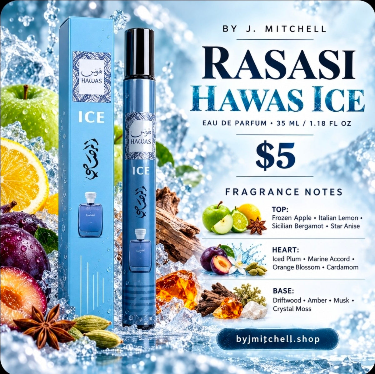 Rasasi Hawas Ice 35 ml travel spray with fragrance notes, $5, By J. Mitchell