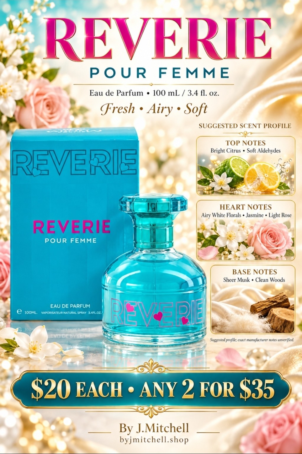Reverie Pour Femme 100mL with suggested scent profile and By J.Mitchell pricing