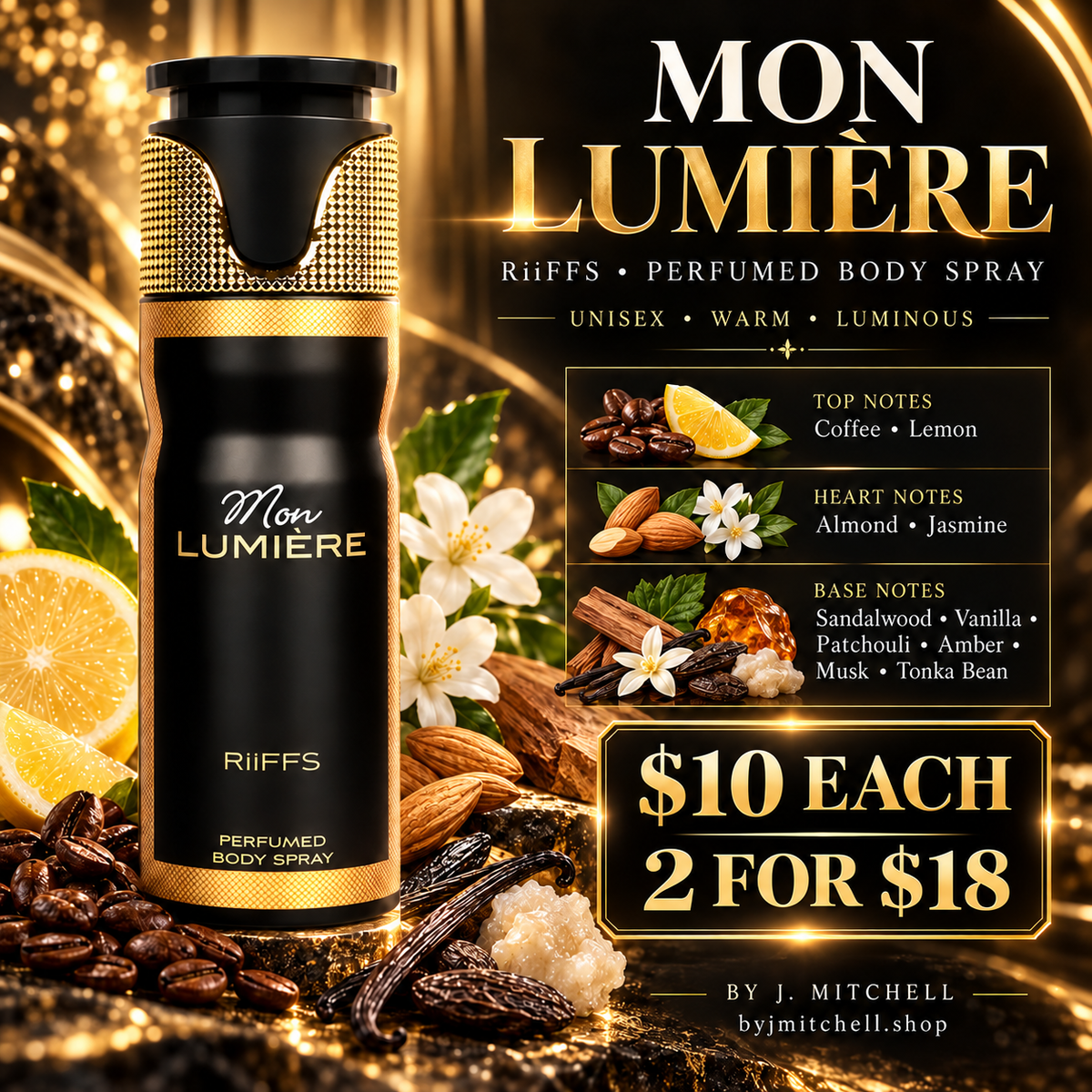 RiiFFS Mon Lumière Perfumed Body Spray fragrance notes and $10 each or 2 for $18 offer