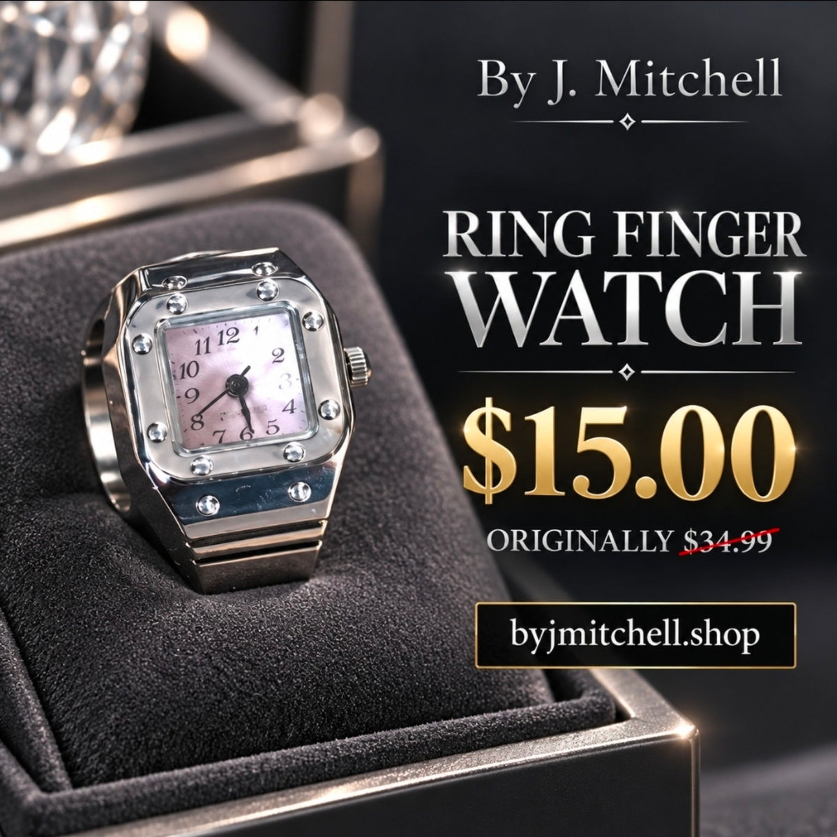 Silver ring finger watch sale graphic — $15, originally $34.99