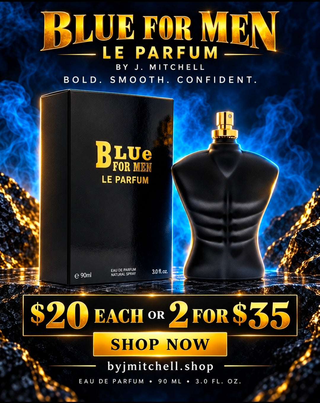 Blue For Men Le Parfum by By J. Mitchell, bold smooth long-lasting fragrance, 90ml